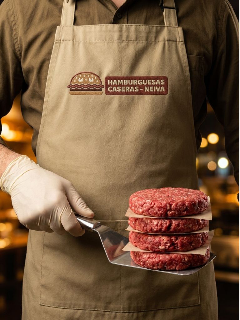 Parrillero sosteniendo carnes de hamburguesa caseras