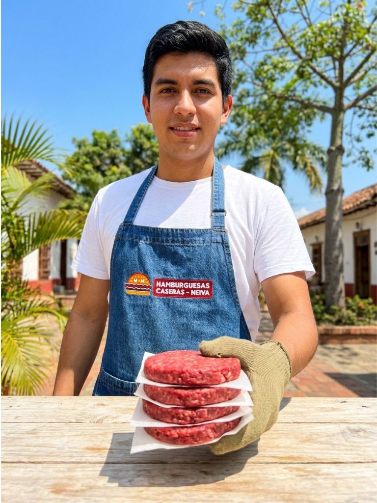 Parrillero sonriente presentando hamburguesas caseras
