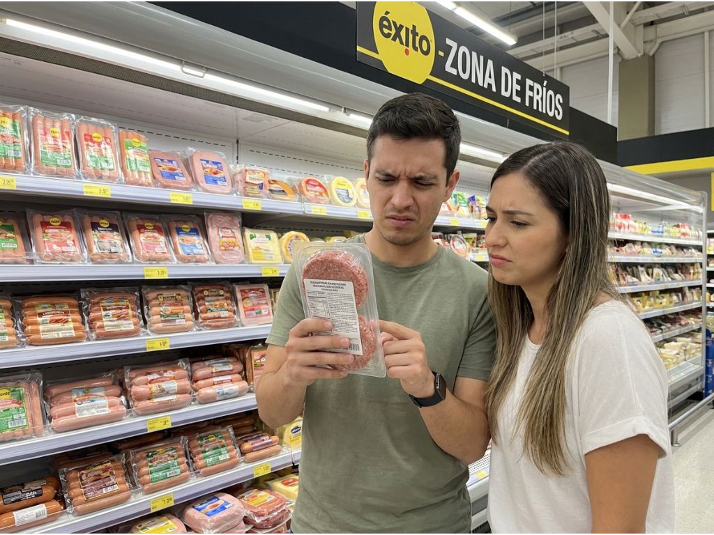Pareja frustrada en el supermercado eligiendo carne sin sabor