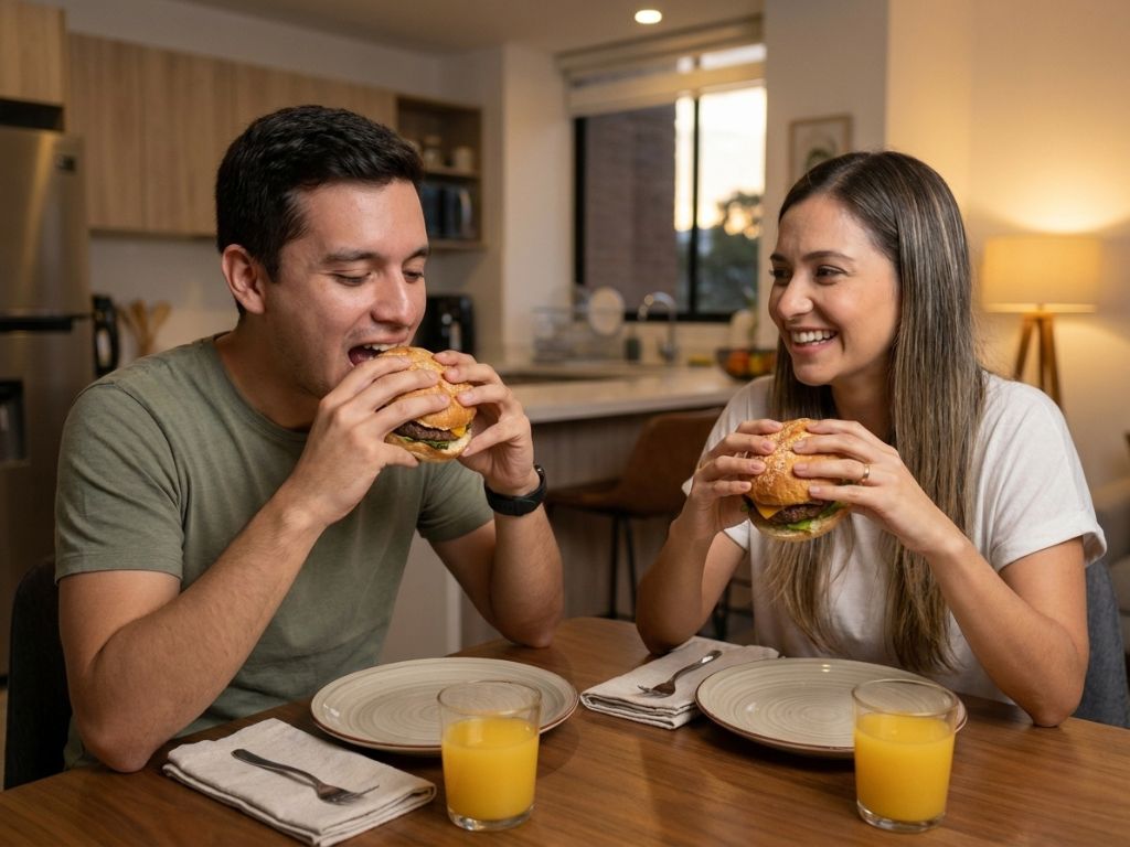 Familia feliz disfrutando hamburguesas caseras en casa