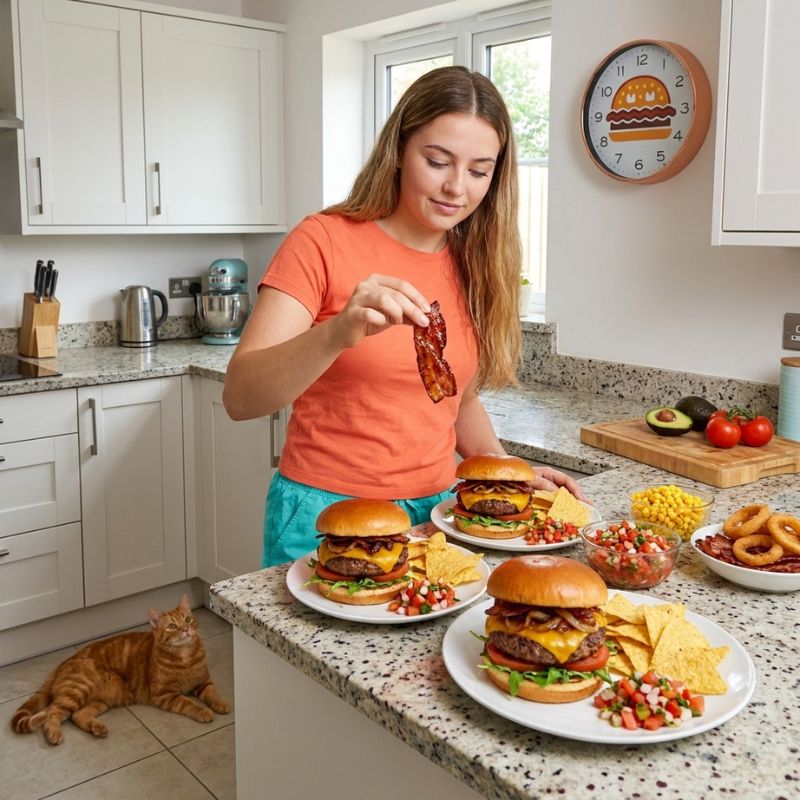 Laura cocinando hamburguesas en la parrilla